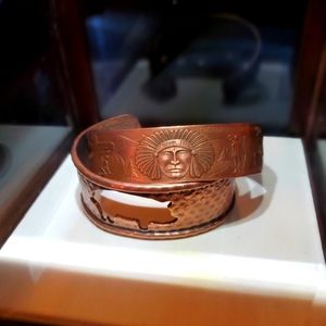 TWO (2) Copper Solid cuff bracelet  native American theme /  pig & sun Gorgeous!